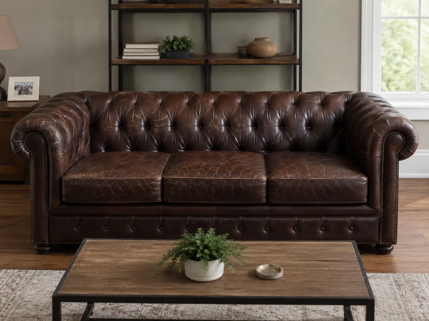 Worn brown leather sofa before restoration