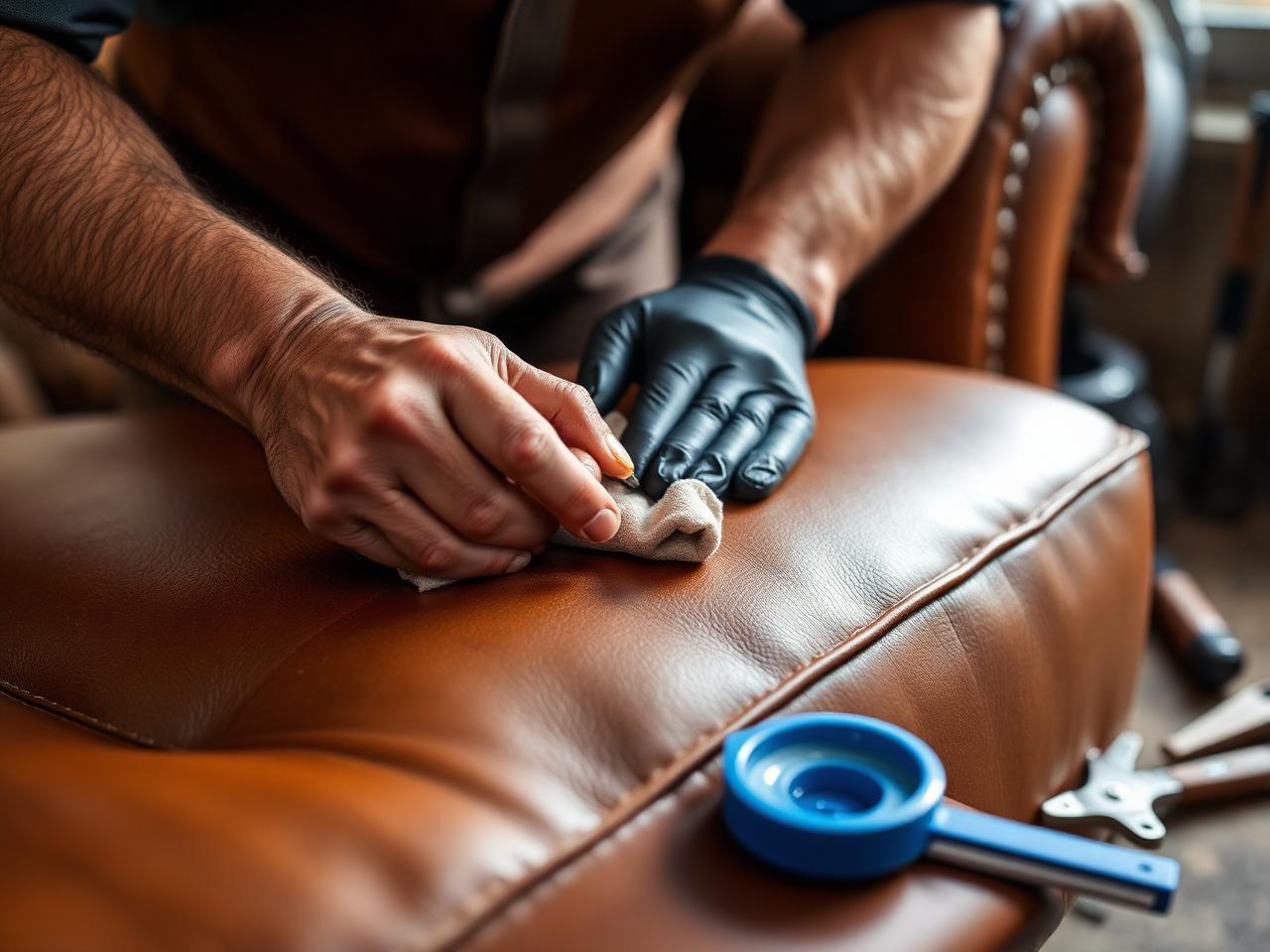 Craftsman restoring leather furniture by hand